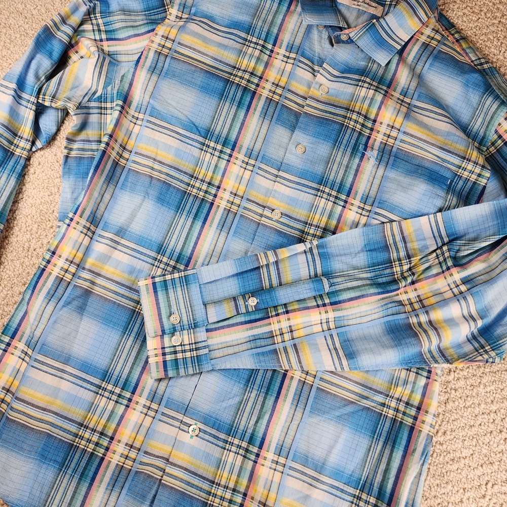 Tommy Bahama Button Up Shirt XL Plaid Pima Cotton IslandZone Blue Long Sleeve